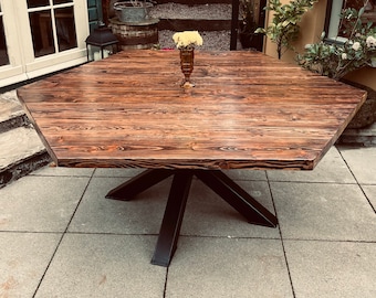 Hexagon Esstisch | Großer Handgefertigter Tisch | Esstisch aus Holz | Iroko Tisch | Küche Esstische | Massivholztisch | Eichentisch