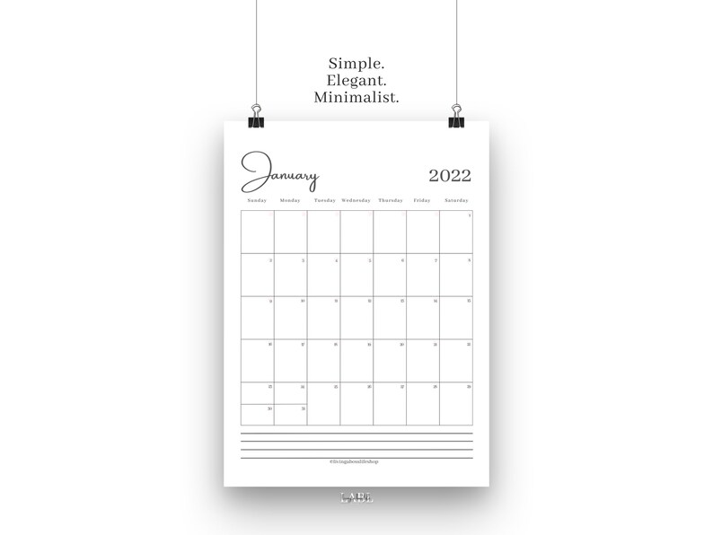 2022 Printable Monthly Calendar Portrait Layout Pdf Instant | Etsy