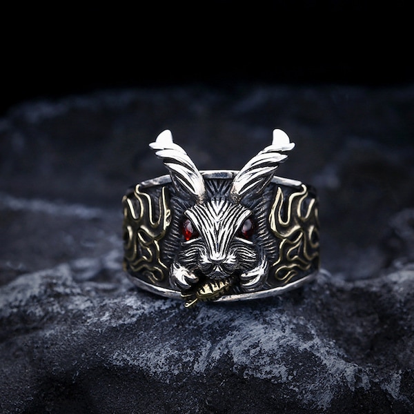 3D Rabbit Ring，925 Sterling Silver, Vintage Jewelry for Men ,Women's Ring ,Unisex Ring,Mens Ring,Open Adjustable Ring,Punk Style Thai Silver