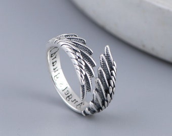 Sterlingzilveren ring voor vrouwen, vintage ring verenvleugels, zilveren ringen, verstelbare openingsringen, unieke ring, 1,1 cm breed, handgemaakte sieraden