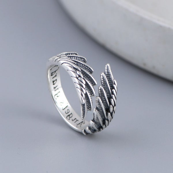Sterling Silver Ring for Women,Feather Wings Vintage Ring,Silver Rings,Adjustable Opening Rings ,Unique Ring,1.1cm width，Handmade Jewelry