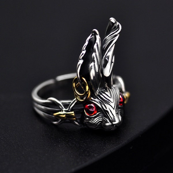 925 Sterling Silver ，Vintage Rings， Men's Hip Hop Handmade Bunny Opening Ring， Silver Rings for Men 925 ，Valentines Day Gift for Women Men