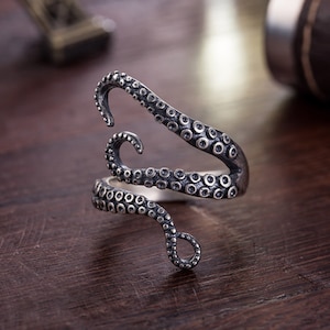 Octopus Ring,925 Sterling Silver,Octopus Jewelry for Men ,Women&#39;s Ring ,Unisex Ring,Mens Ring,Asymmetrical Ring,Punk Style,Adjustable Ring