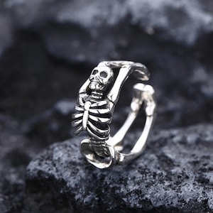 Sterling Silver Ring,Skull Ring，Gift for Couple,Mens Ring,Ring for Her,Open Style,Punk Gothic,Handmade Jewelry,Skeleton Ring Unique,Unisex