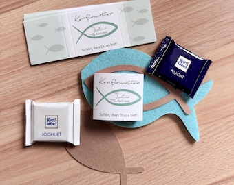 Personalisierte Banderole Konfirmation Kommunion Taufe "Fisch" Gastgeschenk Ritter Sport Mini Schön dass Du da bist Tischdeko