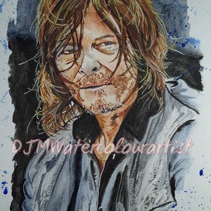 Watercolour painting of Daryl Dixon from The Walking Dead played by Norman Reedus.