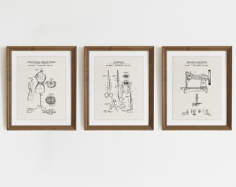 Sewing Patent Art Prints - Set of 3 - Printable Patent Artwork, Sewing Wall Art, Gift for Seamstress, Fashion Designer - INSTANT DOWNLOAD