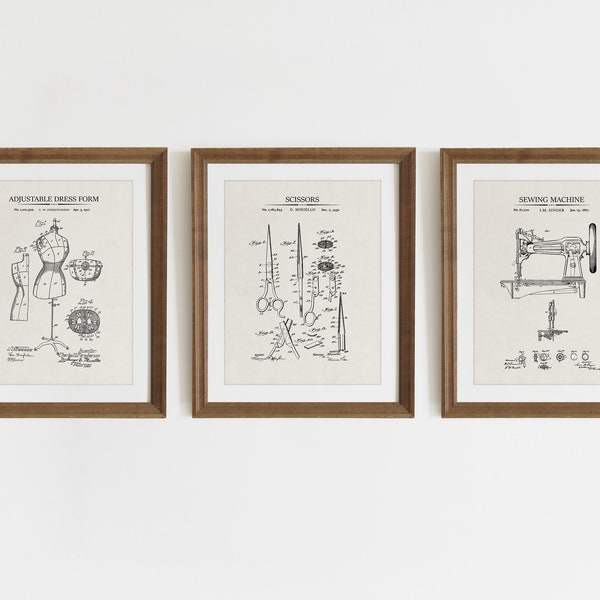 Impresiones de arte de patentes de costura - Conjunto de 3 - Obras de arte de patentes imprimibles, Arte de pared de costura, Regalo para costurera, Diseñadora de moda - DESCARGA INSTANTE
