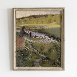 Vintage Landscape Print, By the Lake in Spring, Farmhouse Decoration | Printable Painting, #61 , INSTANT DOWNLOAD