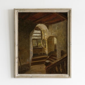 Antique Interior Painting, Sunlit Stairway, Farmhouse Wall Art, Printable File, P117, INSTANT DOWNLOAD