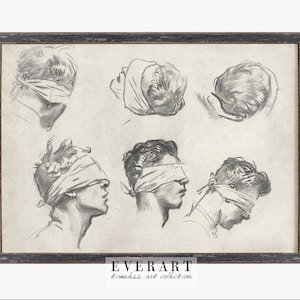 Moody Sketch Print, Blindfolded Men, Light Academia Drawing | Printable Wall Art, #d70 , INSTANT DOWNLOAD