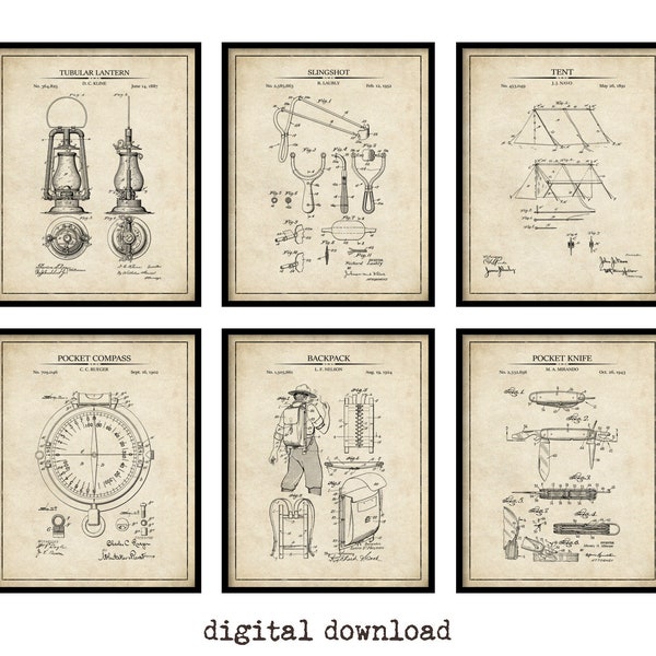 Boy Scout Patent Prints - Set of 6 - Printable Patent Artwork , Camping Wall Art, Printable Vintage Camping Posters - INSTANT DOWNLOAD