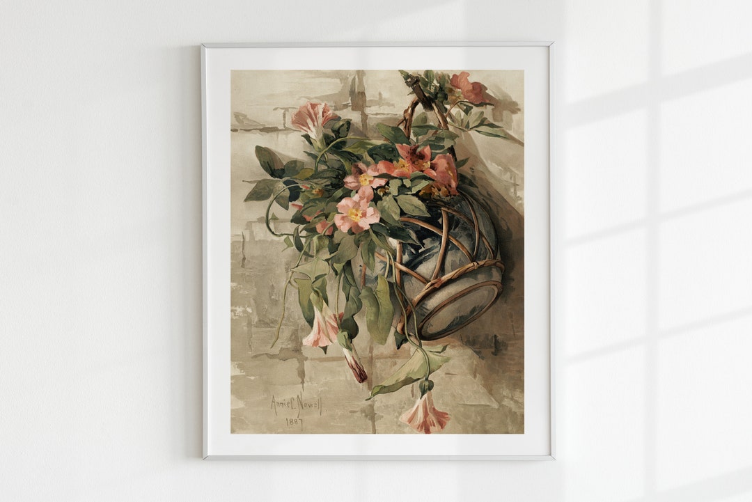 Vintage Floral Art Print, Pink Flowers in Hanging Vase, Printable ...