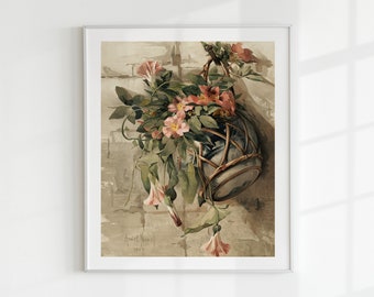 Vintage Floral Art Print, Pink Flowers in Hanging Vase, Printable Farmhouse Wall Art, p38 , INSTANT DOWNLOAD