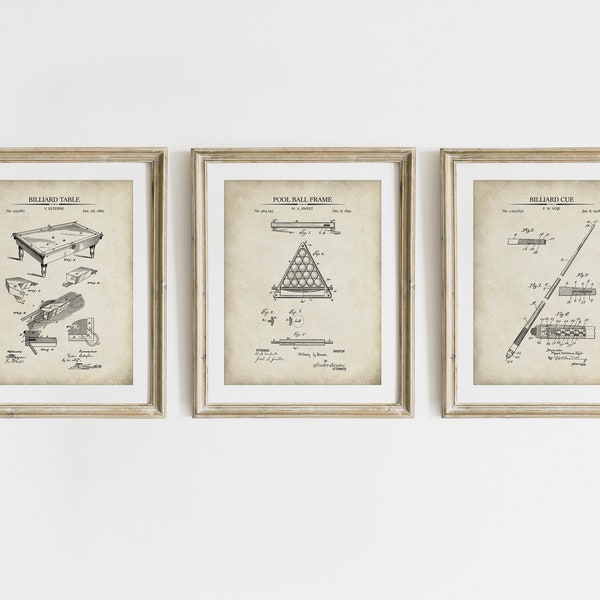 Impressions de brevets de billard - Ensemble de 3 - Illustrations de brevet imprimables, Art mural de billard, Affiches de billard vintage imprimables - TÉLÉCHARGEMENT INSTANTANÉ