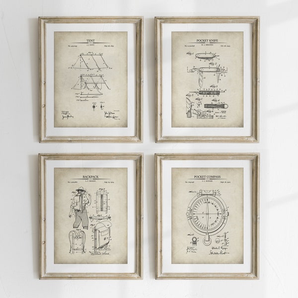 Boy Scout Patent Prints - Set of 4 - Printable Patent Artwork , Camping Wall Art, Printable Vintage Camping Posters - INSTANT DOWNLOAD