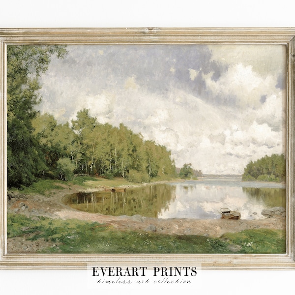 Vintage Lake Painting, Landscape Print, Farmhouse Wall Art, Printable File, #82 , INSTANT DOWNLOAD