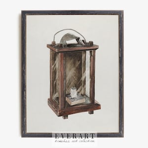 Rustic Wooden Candle Lantern Digital Drawing, Watercolor Vintage Prints, Mid-Century Decor | Printable Wall Art, h33 , INSTANT DOWNLOAD