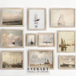 French Coastal Gallery Wall Print Set of 10, Printable Wall Art, Ships, Boats and Seascapes, Muted Tone Wall Art, GW28, INSTANT DOWNLOAD