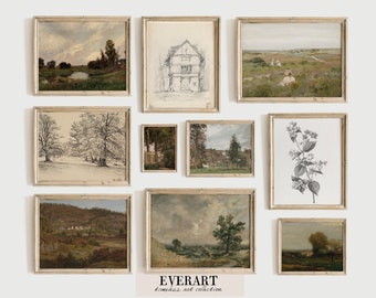 Vintage Gallery Wall Print Set - 10 Printable Paintings & Sketches, Antique Landscapes, Farmhouse Wall Art - PRINTABLE #GW18