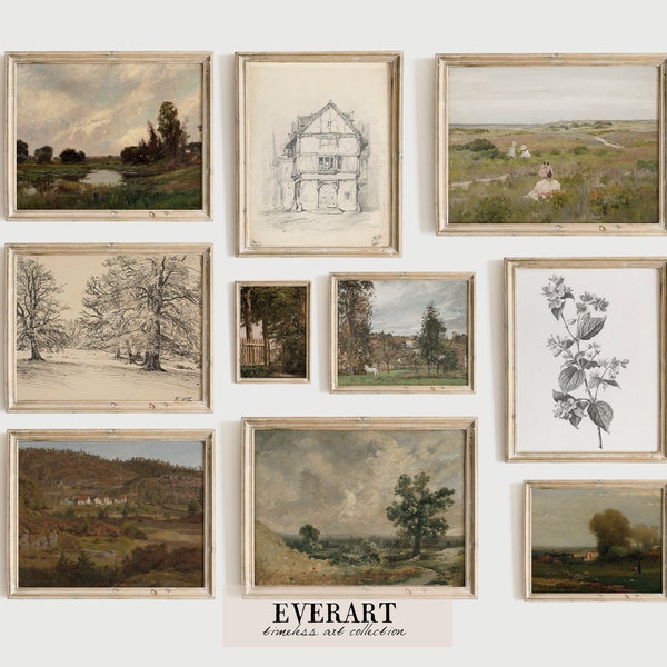 Vintage Gallery Wall Print Set - 10 Printable Paintings & Sketches, Antique Landscapes, Farmhouse Wall Art - PRINTABLE #GW18