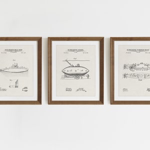 Submarine Patent Prints - Set of 3 - Printable Patent Artwork, Steampunk Nautical Art, Industrial Wall Art, Submarine Art, INSTANT DOWNLOAD