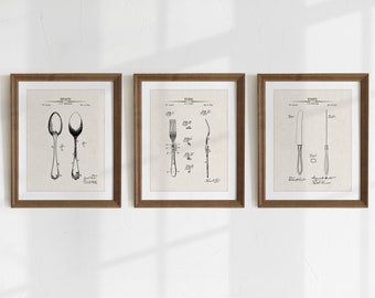 Dining Room Prints - Set of 3 - Printable Patent Artwork , Dining Room Wall Art, Kitchen Décor, Fork, Spoon, Knife - INSTANT DOWNLOAD