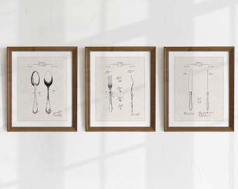 Wydruki do jadalni - Zestaw 3 sztuk - Wydrukowane patentowe dzieła sztuki, Sztuka ścienna do jadalni, Wystrój kuchni, Widelec, łyżka, nóż - NATYCHMIASTOWE POBIERANIE