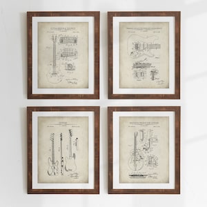 Guitar Art Prints - Set of 4 - Printable Patent Artwork, Vintage Guitar Wall Art, Printable Posters, Gibson & Fender , INSTANT DOWNLOAD