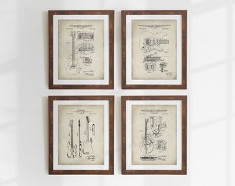 Guitar Art Prints - Set of 4 - Printable Patent Artwork, Vintage Guitar Wall Art, Printable Posters, Gibson & Fender , INSTANT DOWNLOAD