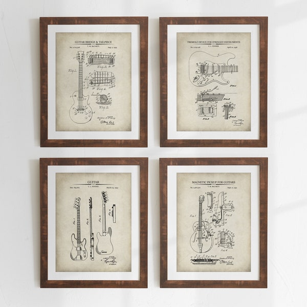 Guitar Art Prints - Set of 4 - Printable Patent Artwork, Vintage Guitar Wall Art, Printable Posters, Gibson & Fender , INSTANT DOWNLOAD