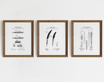 Writer Patent Prints - Set of 3 - The Evolution of Pens - Pen Patent Artwork - Digitally Restored Patent Art, Writer Gift, INSTANT DOWNLOAD