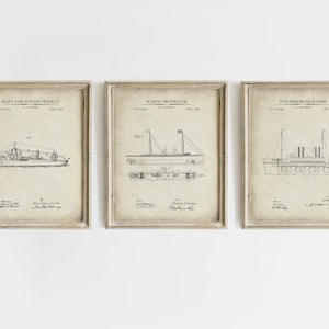 Steam Ship Patent Prints - Set of 3 - Printable Patent Artwork, Steampunk Nautical Art, Industrial Wall Art, INSTANT DOWNLOAD