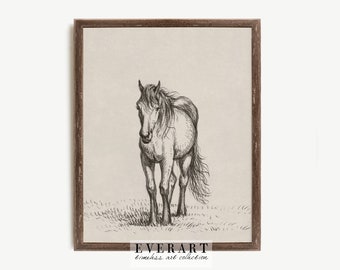 Vintage paard tekening, decor van het land, boerderij kunst aan de muur, afdrukbare schets, D3, INSTANT DOWNLOAD