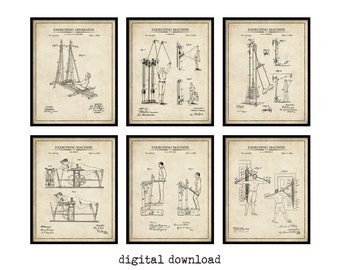 Vintage Workout Patent Prints - Set of 6 - Printable Patent Artwork, Vintage Exercise Machines, Gym Wall Art - INSTANT DOWNLOAD