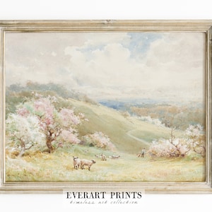 Impresión de paisaje primaveral, ovejas y árboles en flor, decoración de granja / pintura imprimible, #49, DESCARGA INSTANTÁNEA