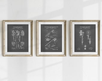 Tattoo Patent Art Prints - Set of 3 - Printable Patent Artwork, Tattoo Machine Wall Art, Tattoo Studio Decoration - INSTANT DOWNLOAD