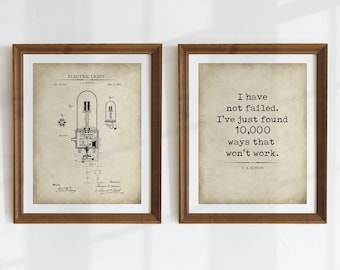 Edison Print Set of 2 - Printable Patent & Quote Art , Thomas Edison Wall Art, Electric Light, Vintage Invention Posters - INSTANT DOWNLOAD