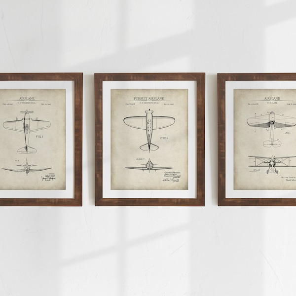 Vintage Plane Patent Prints - Set of 3 - Printable Patent Artwork, Vintage Plane Wall Art, WW2 Plane Posters  - INSTANT DOWNLOAD