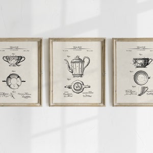 Tea Patent Art Prints - Set of 3 - Printable Patent Artwork, Victorian Tea Wall Art, Victorian Teacups & Tea Pot - INSTANT DOWNLOAD