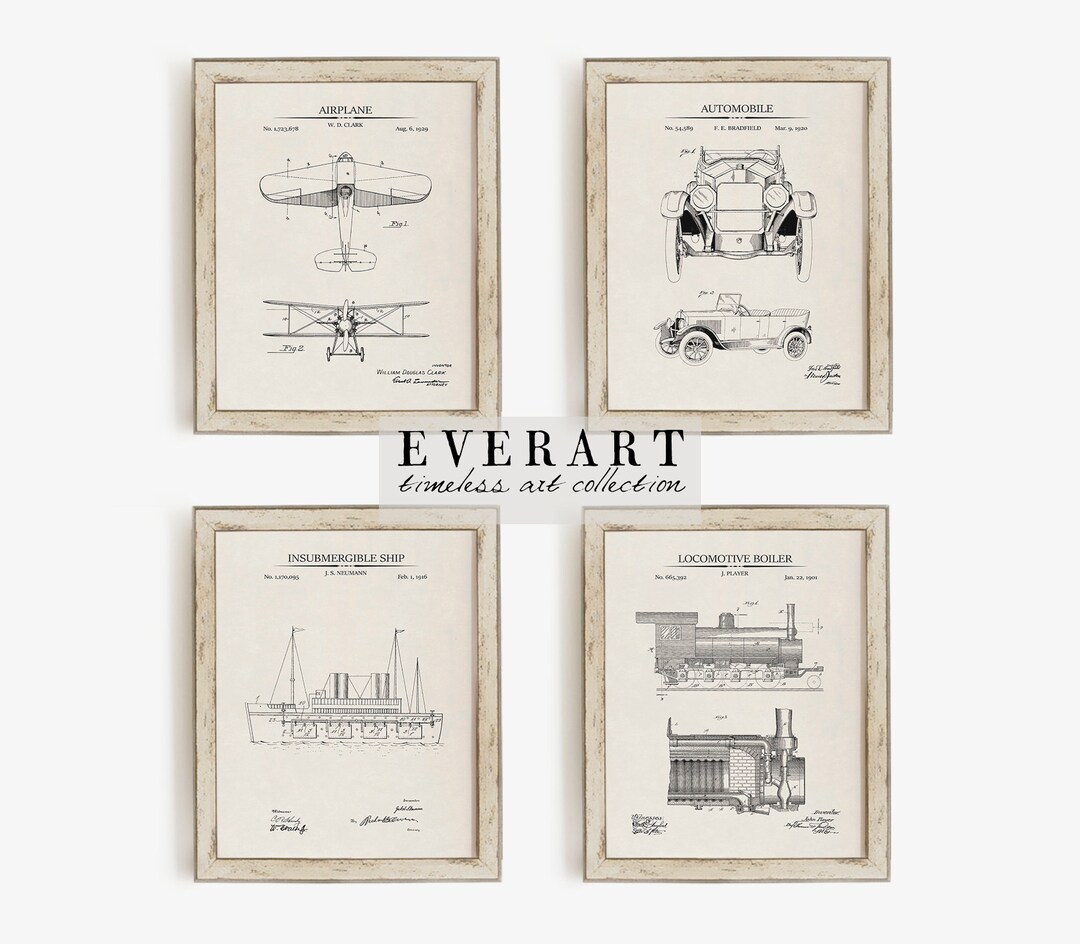 Vintage Vehicle Patent Prints Set of 4 Printable Patent Artwork, Nursery Wall Art, Printable ...