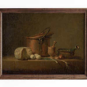 May include: A still life painting of a copper pot with a lid, a round loaf of bread, three white eggs, a wooden mortar and pestle, a small bowl, and a green onion on a brown table.