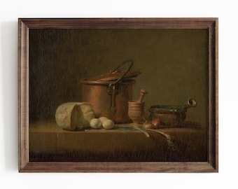 Antique Still Life Painting | Copper Pot, Cheese and Eggs | Farmhouse Wall Art, Printable Artwork, Pottery Print, P113 , INSTANT DOWNLOAD