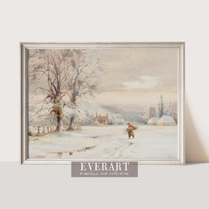 Puede incluir: Una pintura de acuarela de una escena de invierno nevada con una persona caminando por un sendero hacia un pueblo en la distancia. Los árboles están desnudos y cubiertos de nieve, y el cielo es de un azul suave.