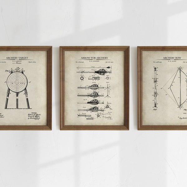 Archery Patent Prints - Set of 3 - Printable Patent Artwork, Vintage Archery Wall Art, Printable Posters  - INSTANT DOWNLOAD