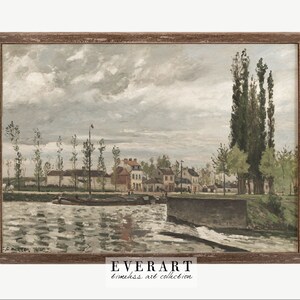 Pintura de río vintage / Decoración campestre francesa / Arte de pared de tono apagado IMPRIMIBLE #265
