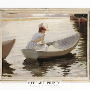 Vintage French Print, Woman in a Boat, Antique Oil Painting | PRINTABLE #379