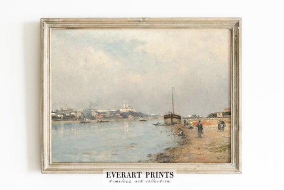 Vintage French Print, Antique River Painting, Farmhouse Wall Art, Printable Wall Decor, #72 , INSTANT DOWNLOAD