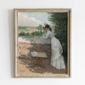 Pintura francesa antigua, Dama de blanco frente a un paisaje, Arte de la pared de la granja, Tonos apagados, Archivo imprimible, #56, DESCARGA INSTANTÁNEA