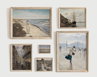 Vintage Gallery Wall Prints - Set of 6 - Printable Paintings, Coastal Wall Art, Seascape, Ship, Lady in White | INSTANT DOWNLOAD